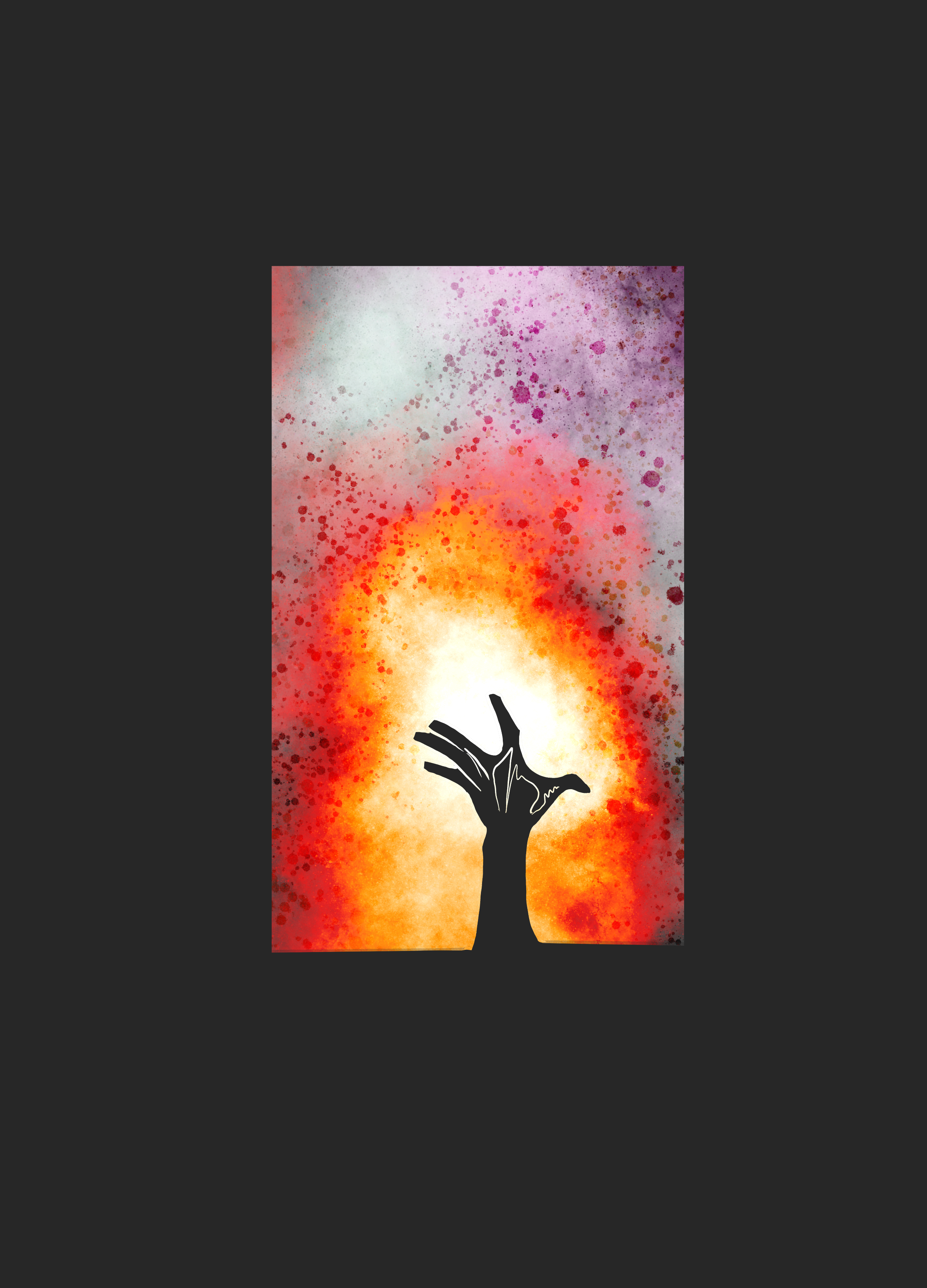 a hand reaching up in front of a flame