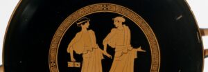 Vase painting of two girls, one holding books